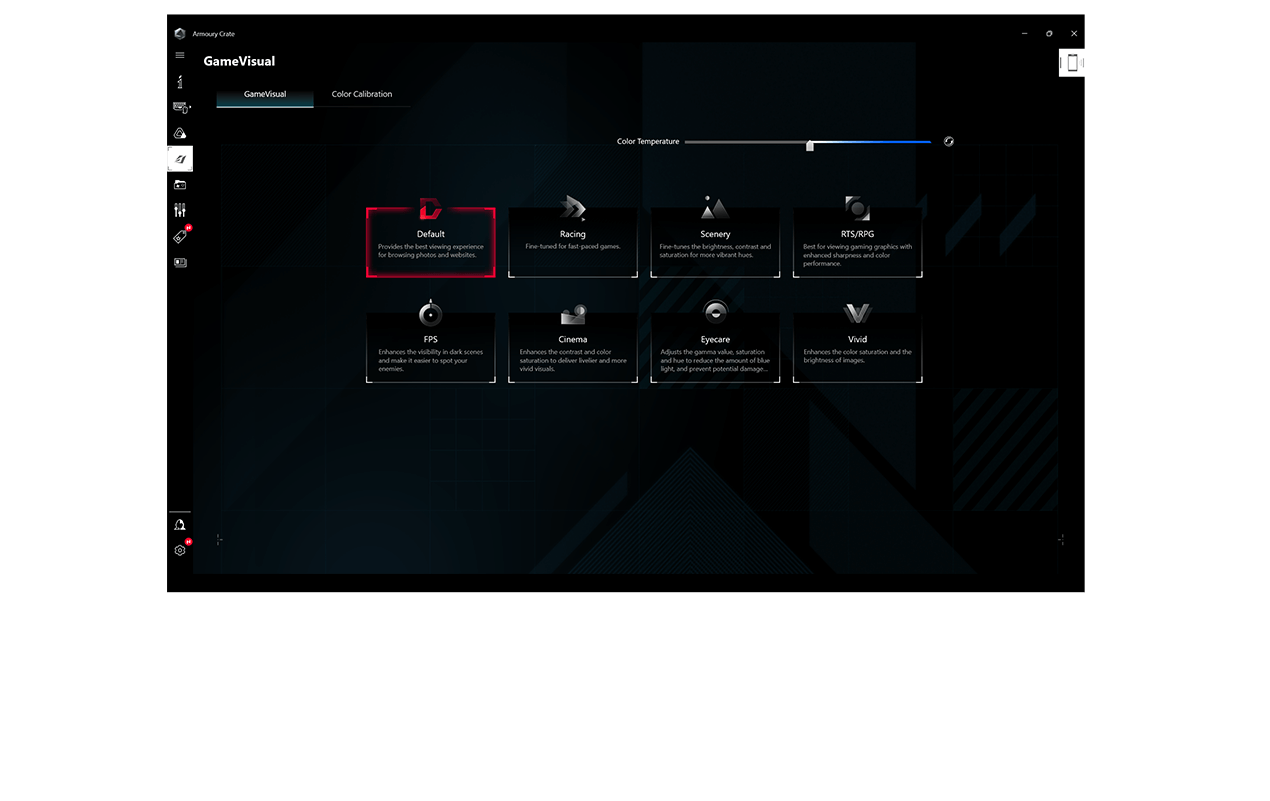 A screenshot of ROG’s Armoury Crate software showing different GameVisual profiles for the display