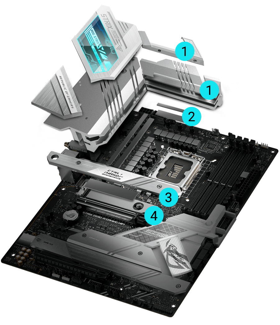 The ROG Strix Z690-A Gaming WiFi features Comprehensive Cooling.