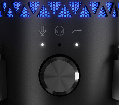 The focus part of multi-functional control knob with the indicator light of microphone volume and high-pass filter turning on.