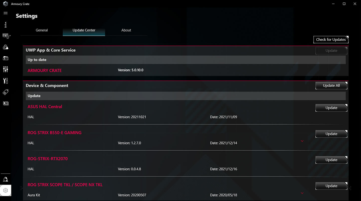 UI of Armoury Crate User Center