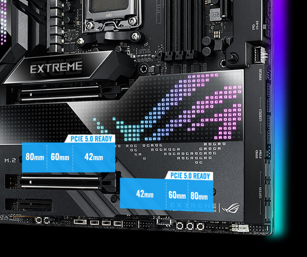 The ROG CROSSHAIR X670E EXTREME features two PCIe 5.0-ready M.2 slots.
