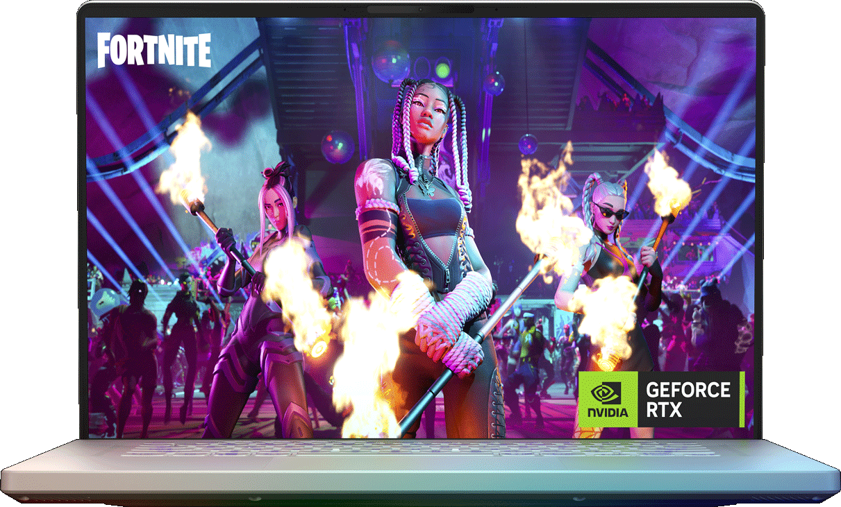 Moonlight White Zephyrus G16, with Fortnite gameplay and NVIDIA® branding on screen. 