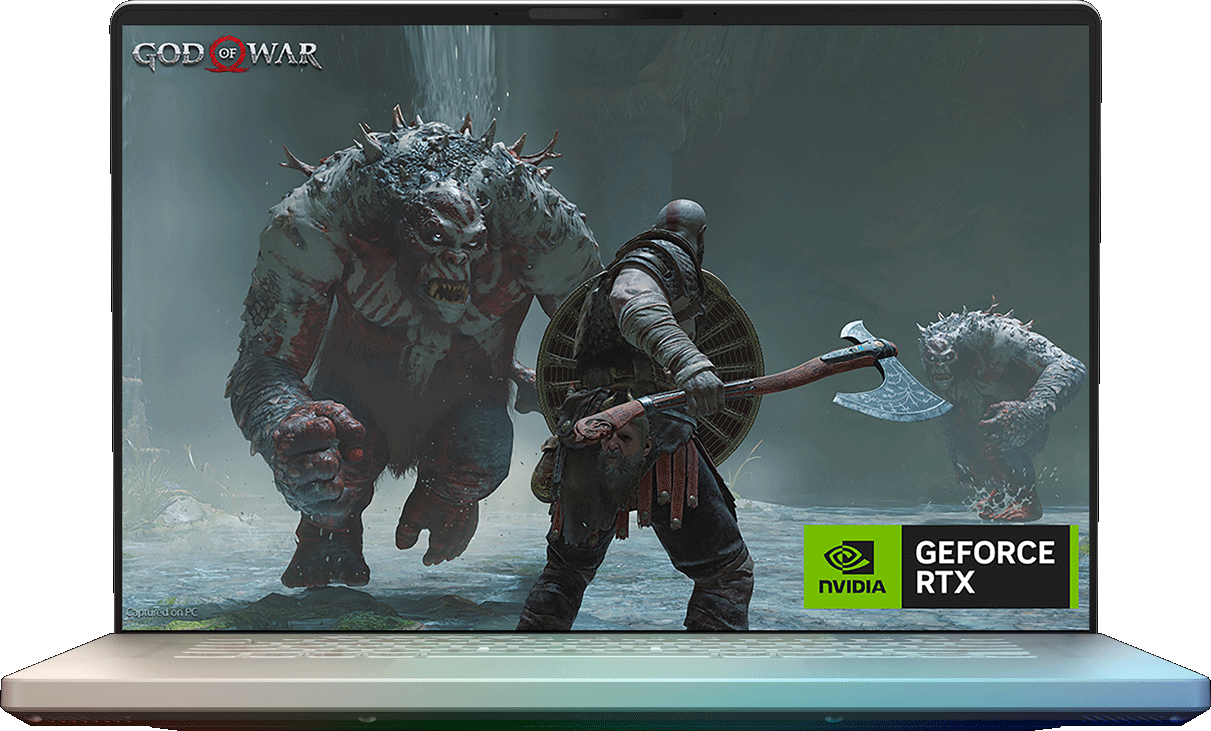 Moonlight White Zephyrus G16, with God of War Ragnarok gameplay and NVIDIA® branding on screen. 
