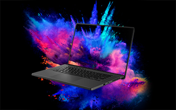 Pink and blue color explosion, superimposed on screen and the background of a Zephyrus G16. 