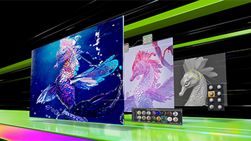 Image of a seahorse with 3D creation software, on three panels showing the various stages of modeling and coloring. 