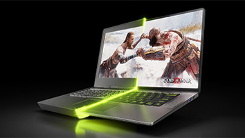Image of God of War on a laptop screen, with the left half of the machine being much thicker with larger bezels, and the right half showing more modern thin and light gaming laptops. 