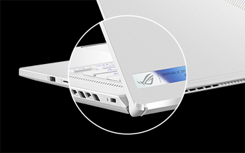 Profile view of the Zephyrus G16, with emphasis on the side I/O ports, including USB-Type C. 