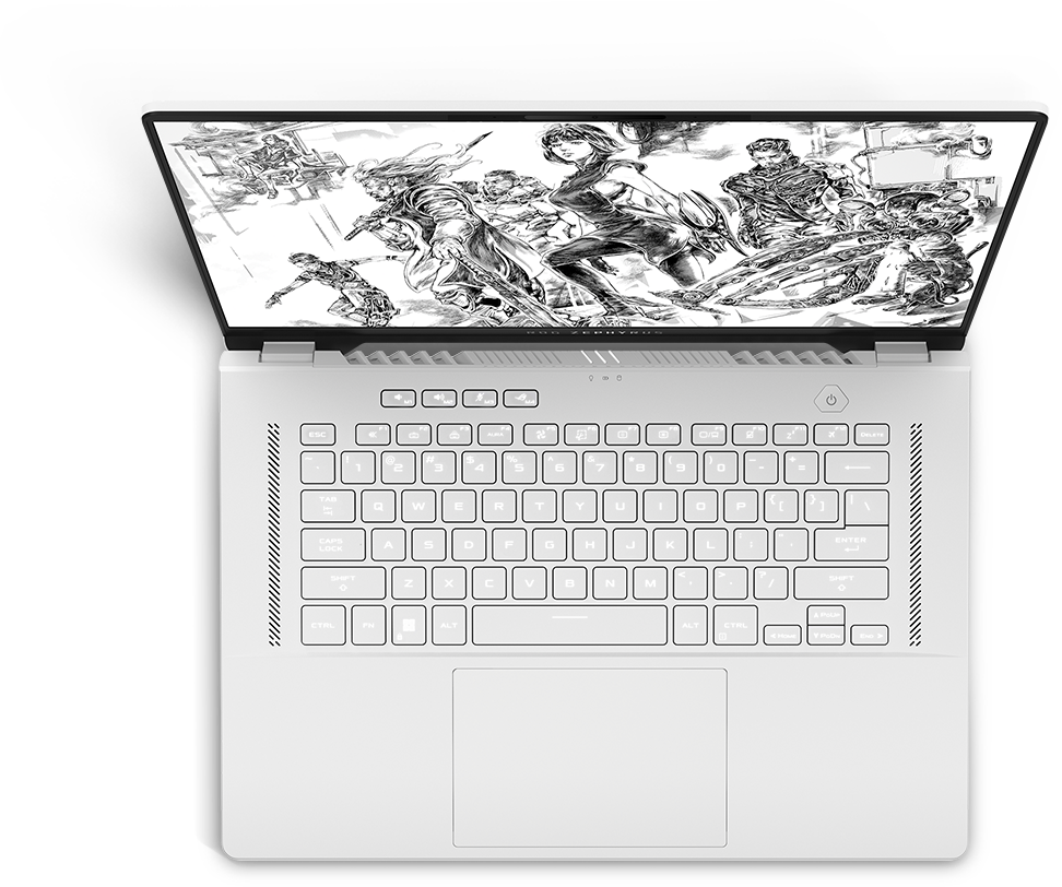 Top-down view of the Moonlight White Zephyrus G16, with a stylized anime drawing on screen and the RGB illuminated on the keyboard. 
