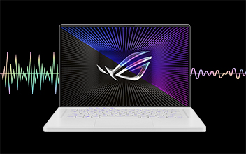 Moonlight White Zephyrus G16, sounds waves in the background, and a stylized sound filtering happening in the background. 