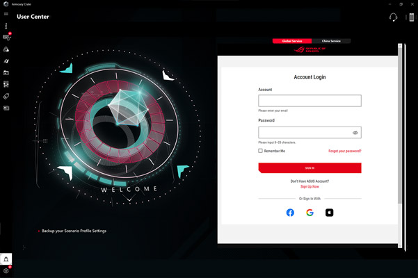 Screenshot of the main page of Armoury Crate. 