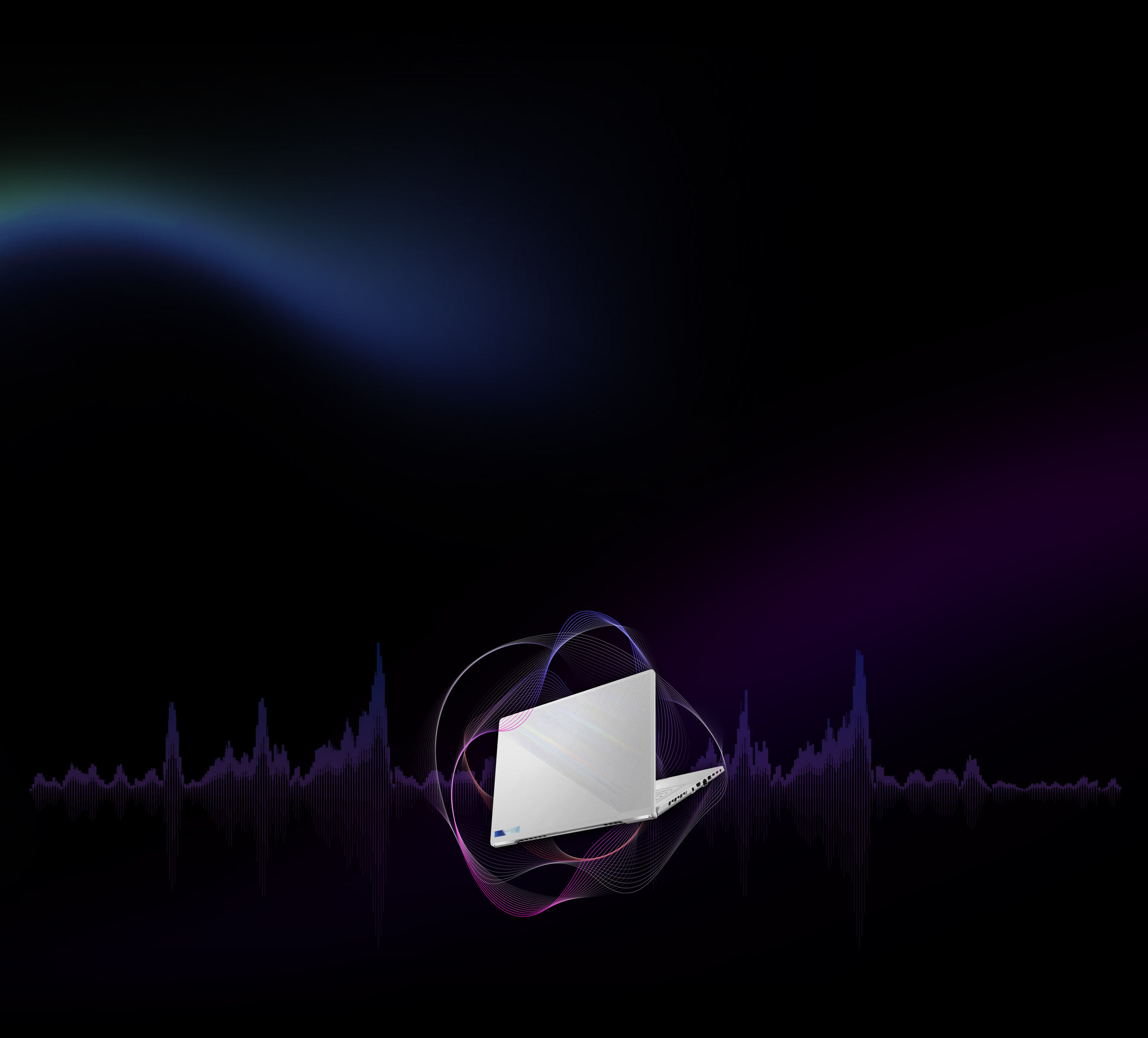 Moonlight White Zephyrus G16, with 3D interpretation of sound waves in the background.