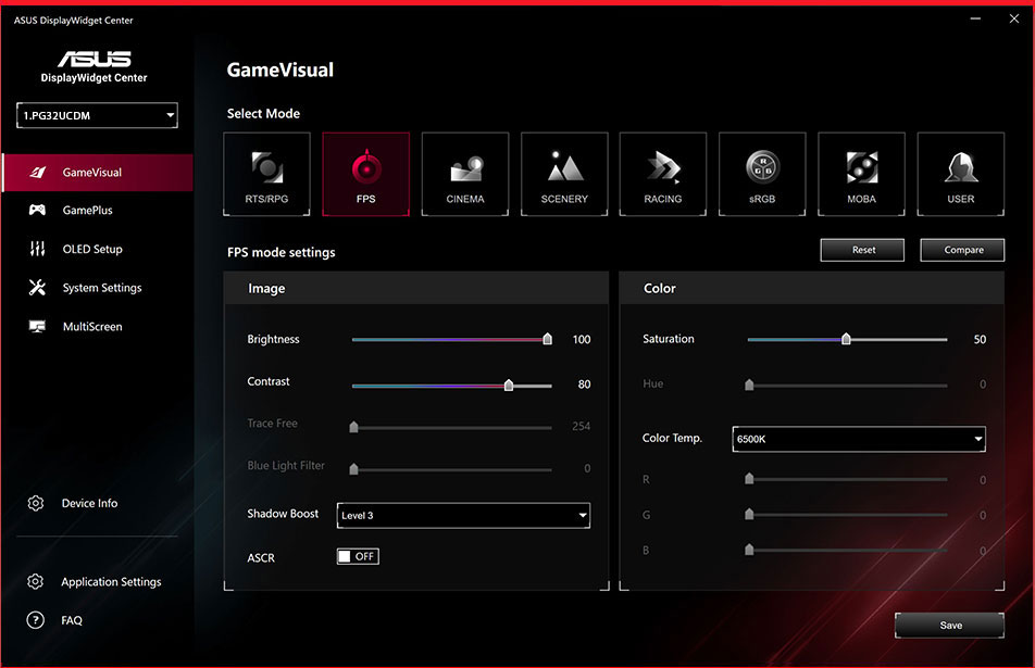 Screenshot of the new ASUS DisplayWidget Center UI showing system settings, OLED functions, and more.