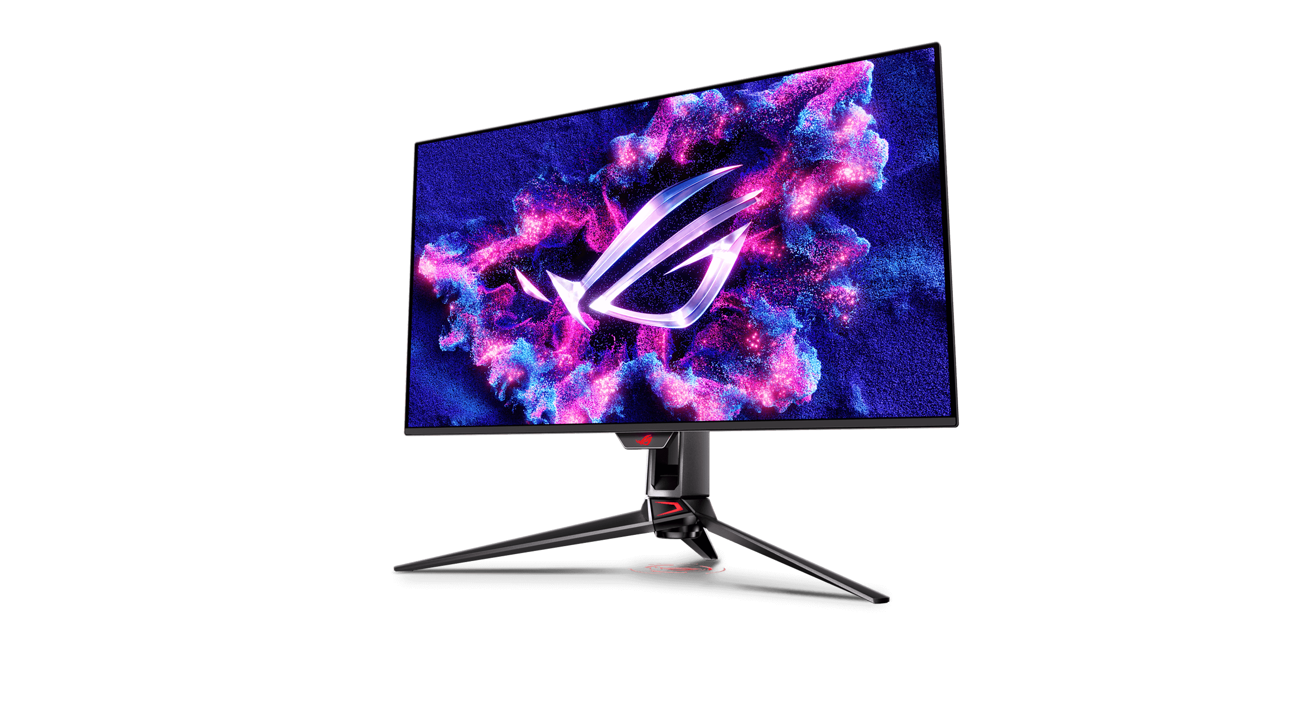 The ROG Swift OLED PG32UCDM gaming monitor against a dark backdrop, with a spotlight shining down on it