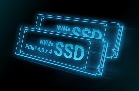 在黑色背景上有一个蓝色的 NVME SSD 轮廓。