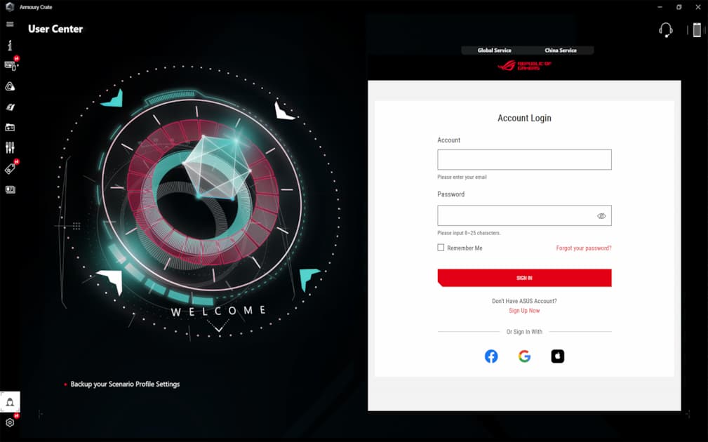 A screnshot of the Armoury Crate software with the account login screen visible.