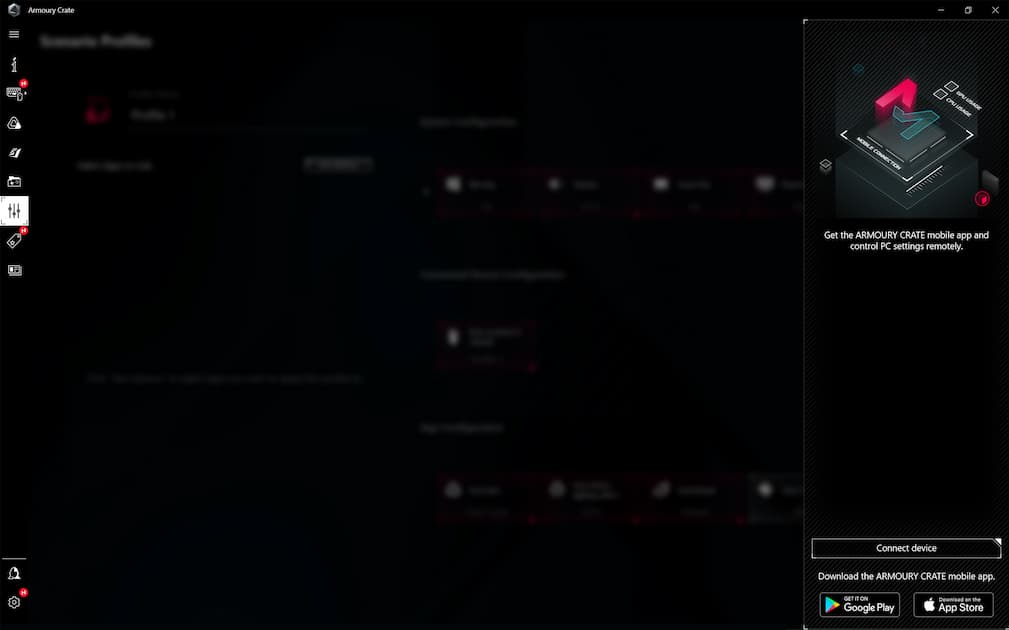 A screnshot of the Armoury Crate software showcasing the mobile download links.