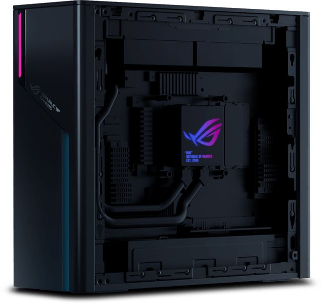 蓝色背景下的冰刃X，内部可见液冷散热系统。