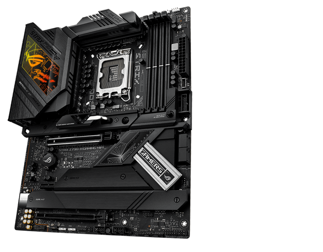 The ROG Strix Z790-H front and back designs offer a clean, modern aesthetic