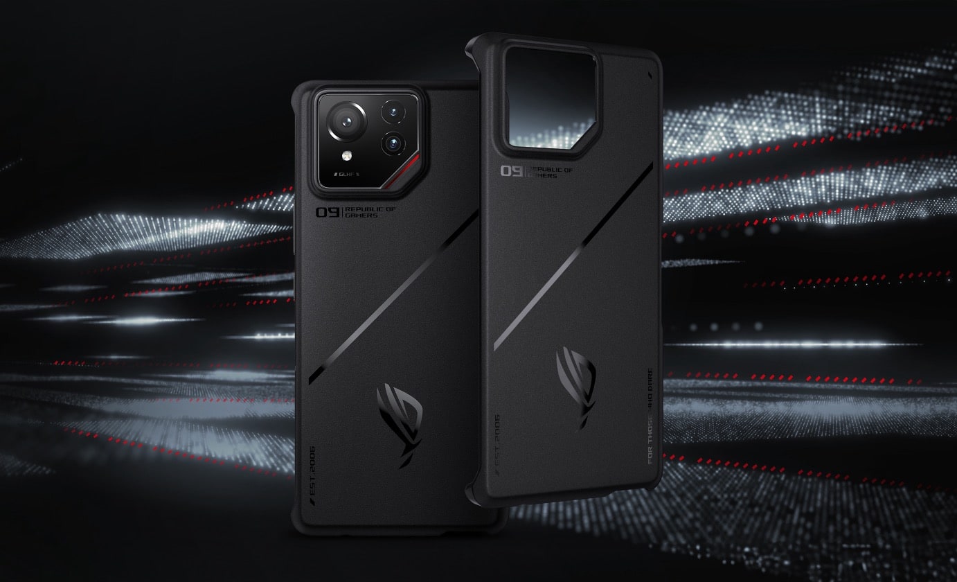 Two ROG Chill Cases: one case is attached to the phone, and the other is standing alone beside it.