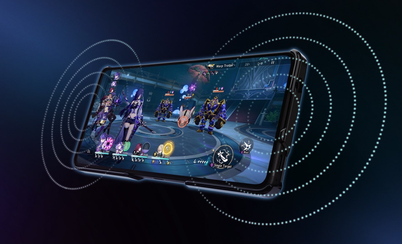 A ROG Phone 9 Pro in landscape orientation with the ROG Chill Case displaying a game. Circular sound effects emanate from both ends of the device.