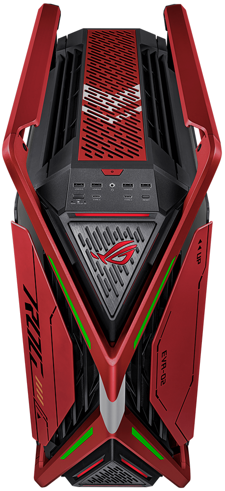 从顶部俯视 ROG Hyperion EVA-02 版本，聚焦于X型主机框架。