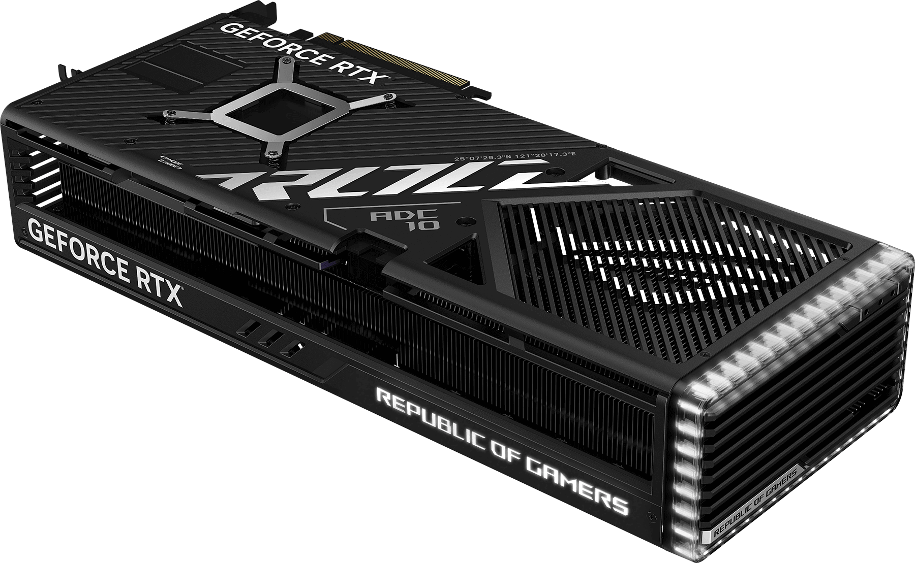 Angled view of the ROG Strix GeForce RTX 4090 D graphics card, highlighting the ARGB element