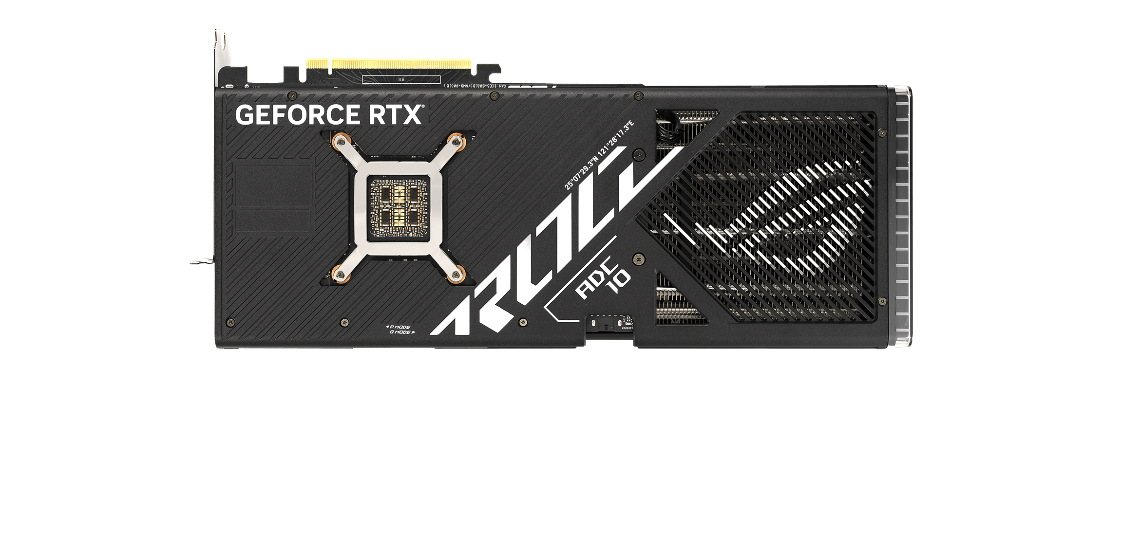 ROG Strix GeForce RTX 4090 D 显卡的后视图。