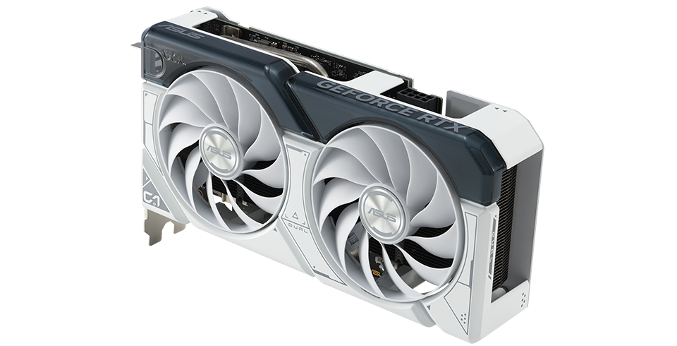 Angled top down view of the card ASUS Dual GeForce RTX 4060 White Edition graphics card