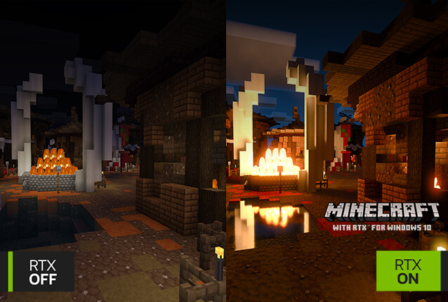 Minecraft game in screen performance comparison without NVIDIA RTX on the left , with RTX on the right