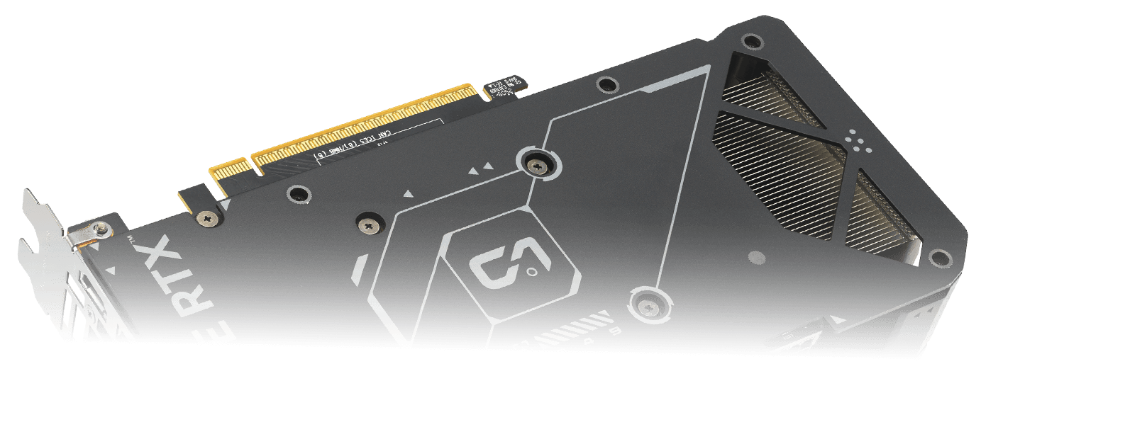 Close-up view of an ASUS graphics card's protective metal backplate, featuring a vented design for improved heat dissipation and structural durability.