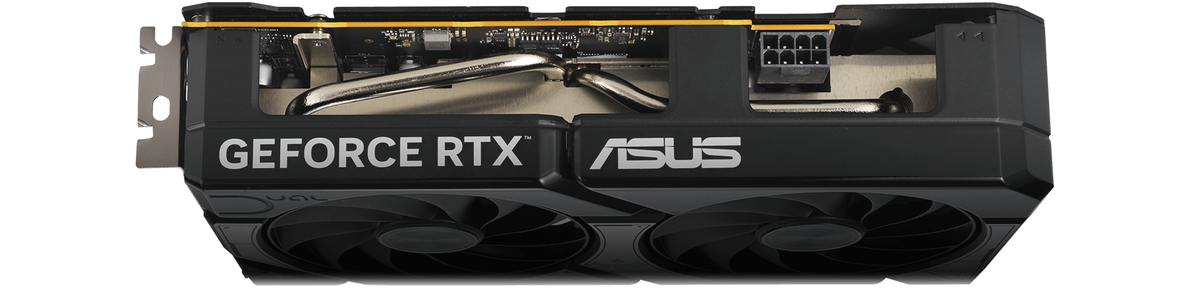 Angled top down view of the card ASUS Dual GeForce RTX 5060 graphics card