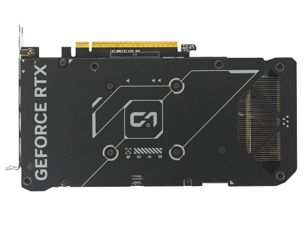 Close-up view of a GeForce RTX graphics card's protective backplate.