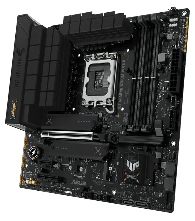 TUF Gaming motherboard front view, 60 degrees, with Aura lighting