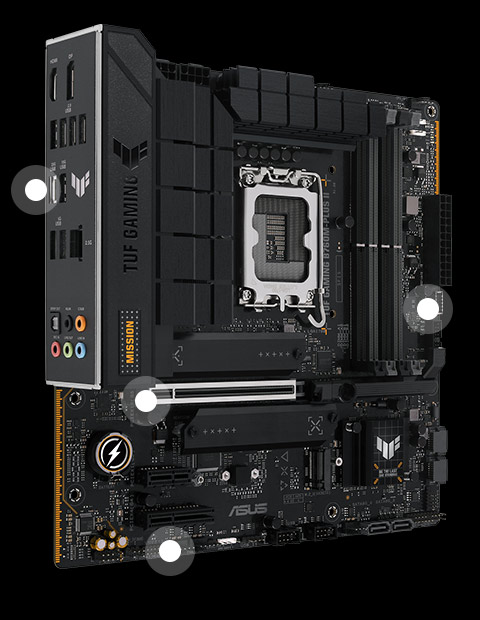 TUF Gaming motherboard front view, 60 degrees, with I/O ports