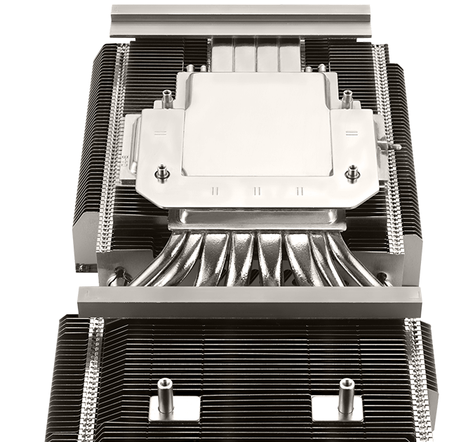 Angled view of a thermal module with heat pipes and vapor chamber