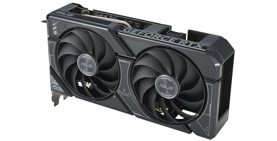 Angled top down view of the card ASUS Dual GeForce RTX 4060 Ti graphics card