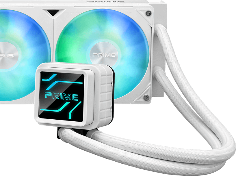 PRIME 大师 360 ARGB 白色版的正面照片，特写水冷头上可自定义的无限镜面区域。