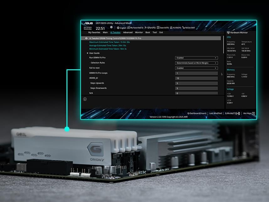Graphic marking the location of DIMMs and showing the UI of the feature DIMM Fit. 