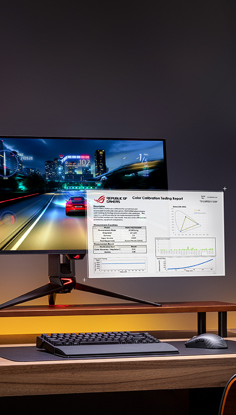 ROG OLED 显示器前悬浮着一份预校正报告。