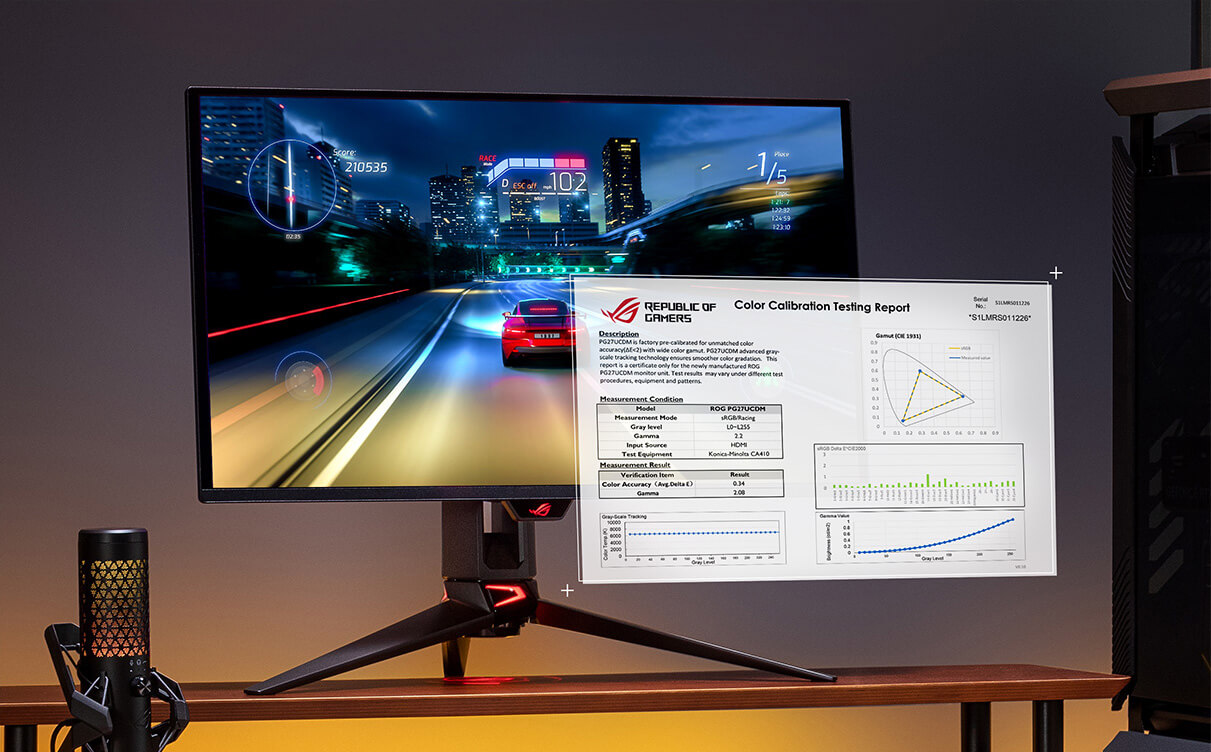 ROG OLED 显示器前悬浮着一份预校准报告。