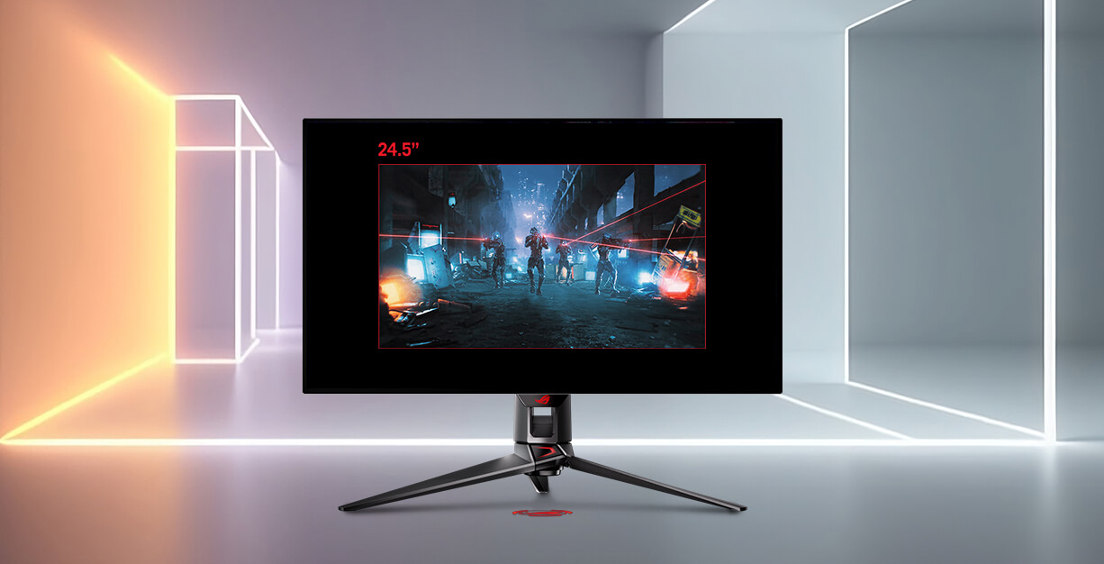在白色空间中显示的 32 英寸 ROG OLED 显示器；显示的影像只有 27 英寸宽，并被黑色边框包围