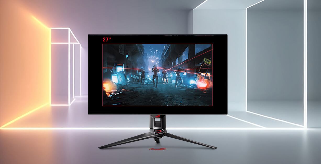 在白色空间中显示的 32 英寸 ROG OLED 显示器；显示的影像只有 27 英寸宽，并被黑色边框包围