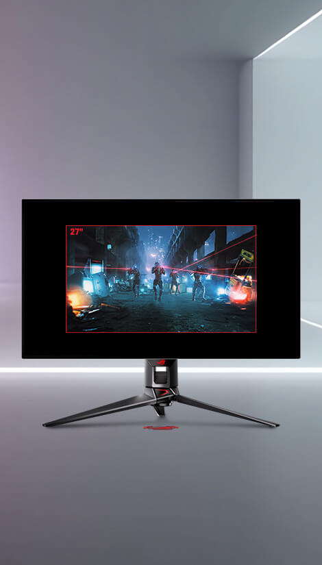 白色空间中的 32 英寸 ROG OLED 显示器，显示器只有 27 英寸，边缘有黑色边框