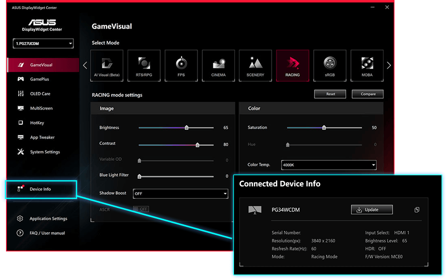 ASUS DisplayWidget Center 软件接口，显示自动固件更新通知