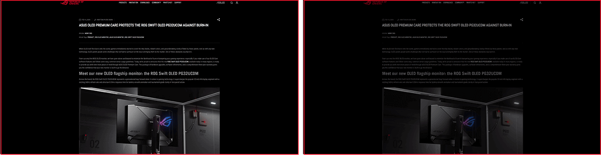 ROG 网络文章的屏幕截图。/ 屏幕调暗的 ROG 网络文章的屏幕截图。