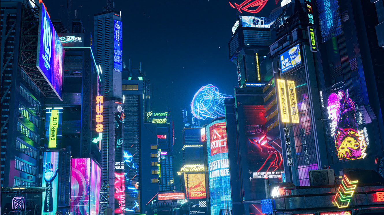 灯火通明的城市夜景，建筑物之间悬挂着水母