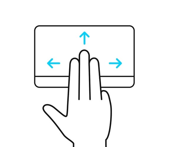 三指在 ErgoSense 触控板上向上、向下、向左和向右轻滑。