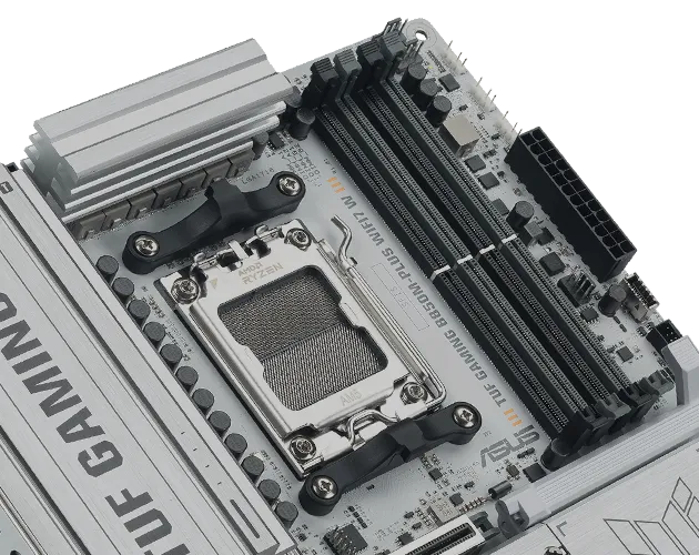 Close-up of TUF GAMING B850M-PLUS WIFI7 W showing DDR5 memory slots with a label indicating support for DDR5 modules up to 8000+ MHz.