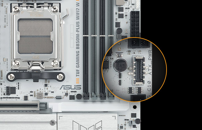 TUF GAMING B850M-PLUS WIFI7 W motherboard with a magnified inset highlighting a front panel USB 10Gbps Type-C port, showing support for high-speed connections.
