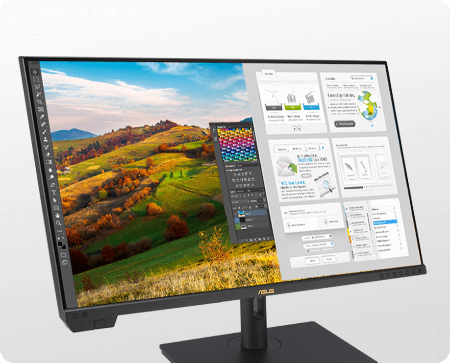 ProArt Display 8K PA32KCX 顯示分屏觀看，顯示器左側用于照片編輯，而右側顯示網頁瀏覽器